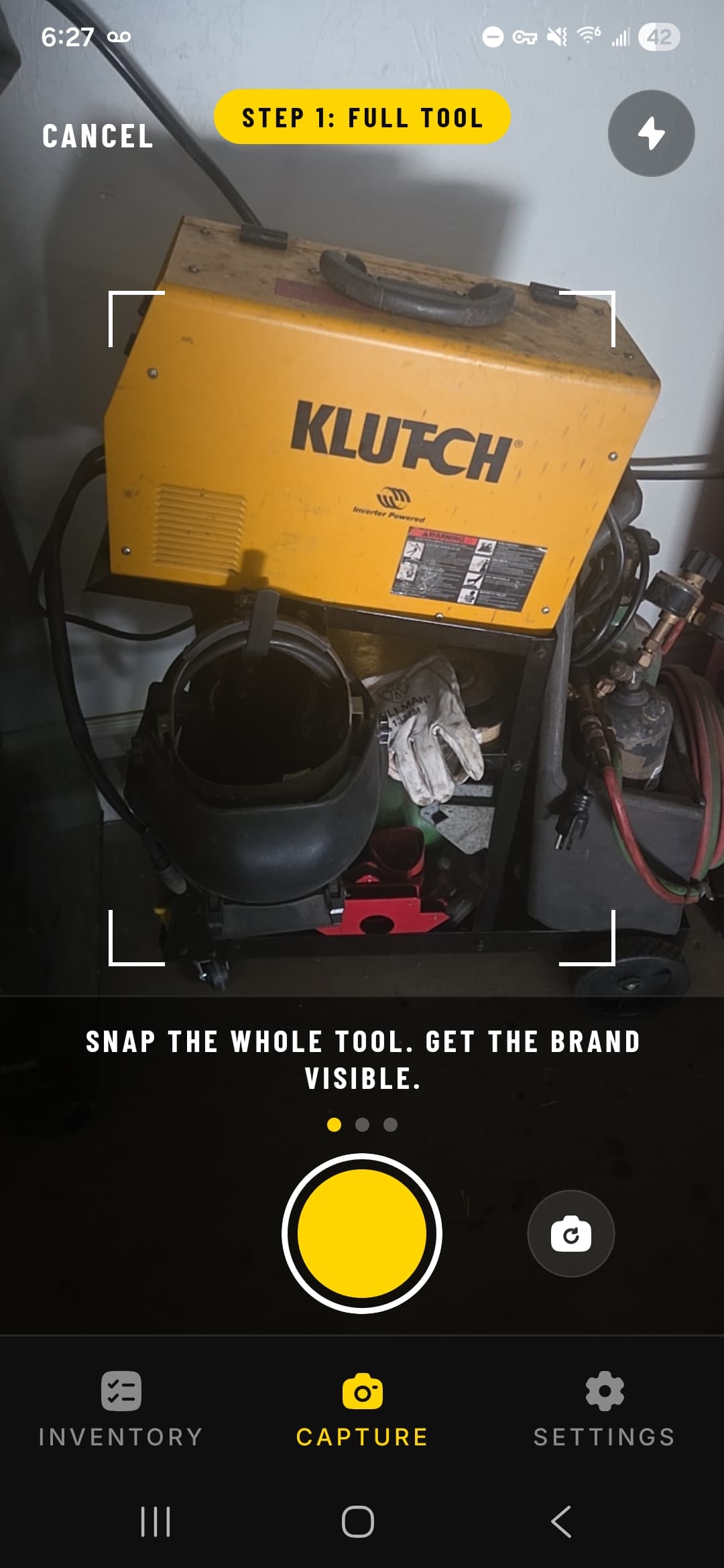Snapproof tool inventory app camera framing a Klutch welder for AI capture
