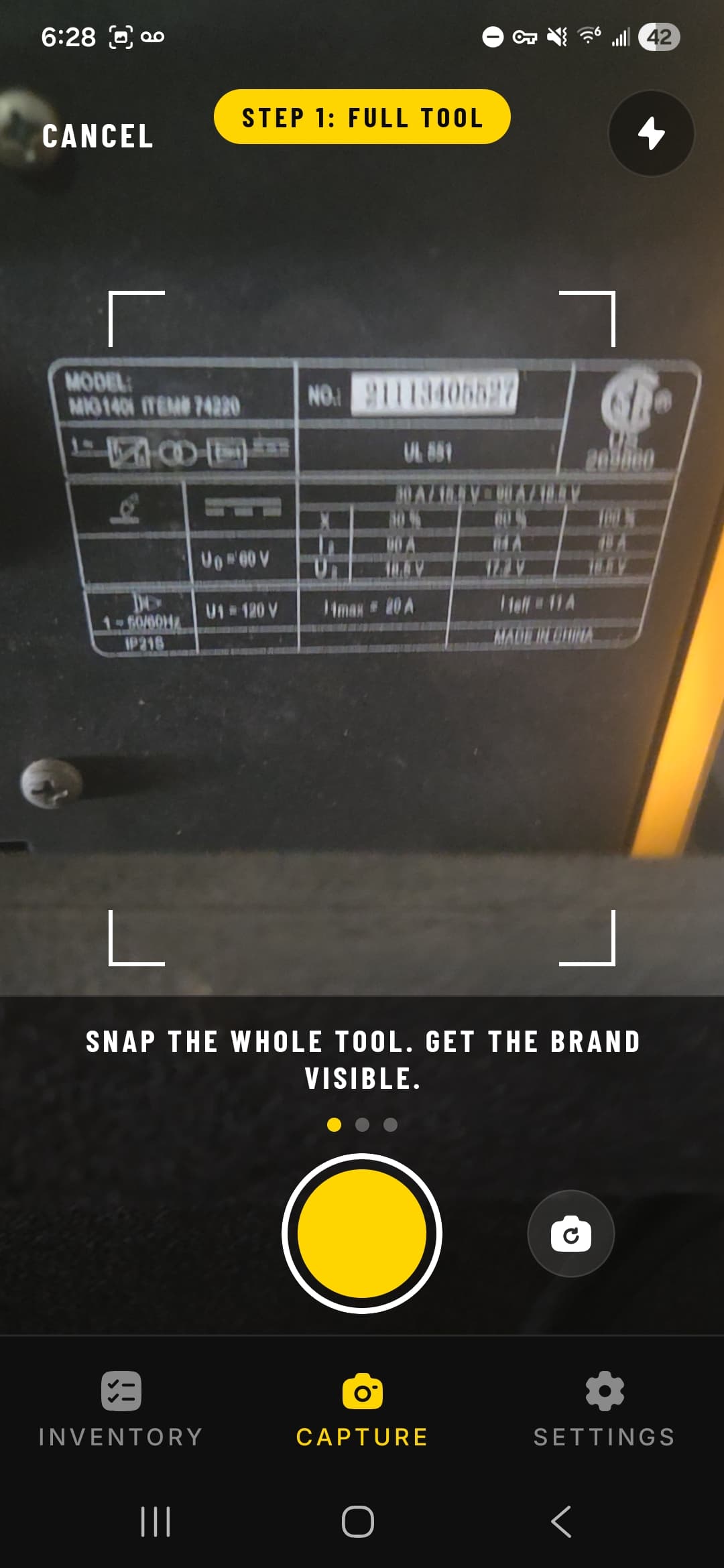 Spec plate close-up in the Snapproof camera so AI can read the serial number and model