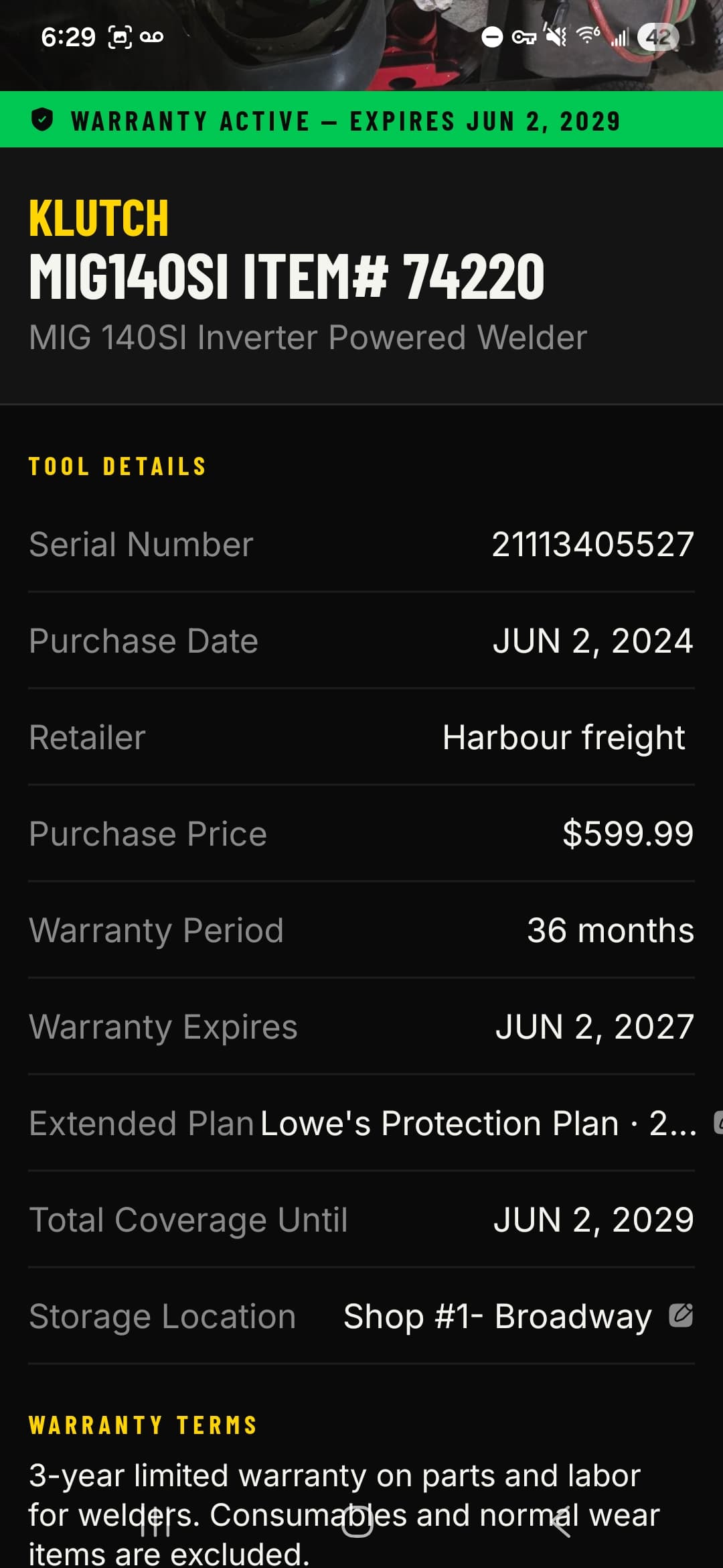 Klutch MIG140 tool detail screen with active warranty status in the Snapproof contractor inventory