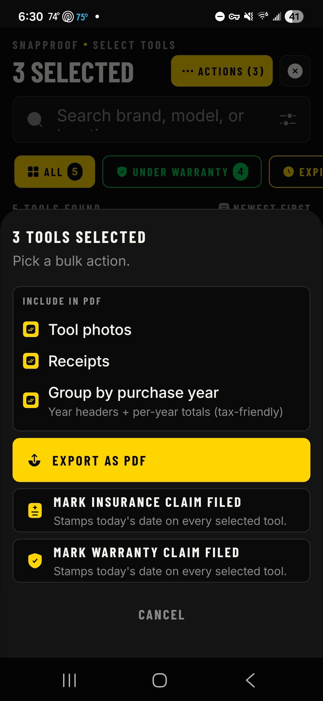 Bulk export sheet generating a Section 179 tax PDF grouped by purchase year in Snapproof