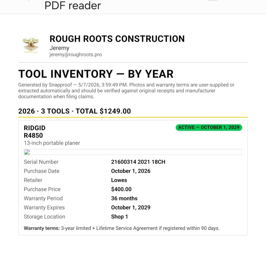 Snapproof Generate PDF screen producing an insurance claim packet with tool photos, serial numbers, and receipts